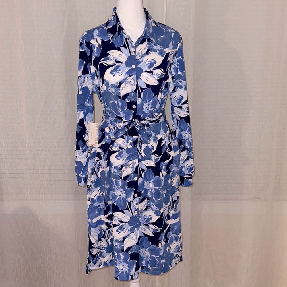 LuLaRoe S ELLIE Blue White Floral Long Sleeve A Line Midi Shirt Dress